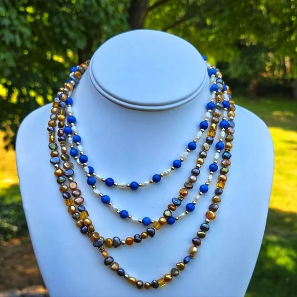 Blue Gemstone White Rice Pearl Gold Purple Peaco Pearl Beaded Necklace Bundle - Picture 12 of 16